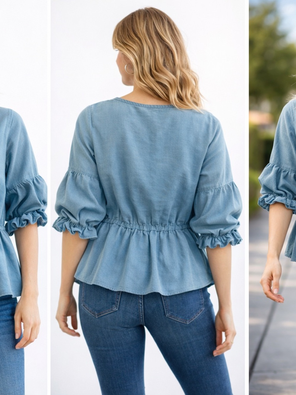 Blue Peplum Blouse Womens Small V Neck Button Front Ruffle Sleeve Top - Picture 3 of 10